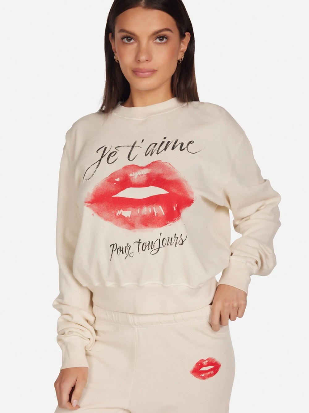 Lauren Moshi SPALDING JE T'AIME LIP Sweatshirt (Size Medium, Ivory)